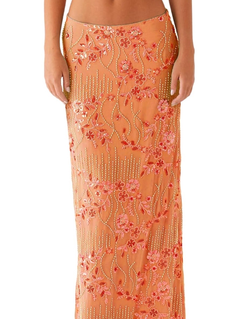 Embroidered Floral Orange Maxi Skirt